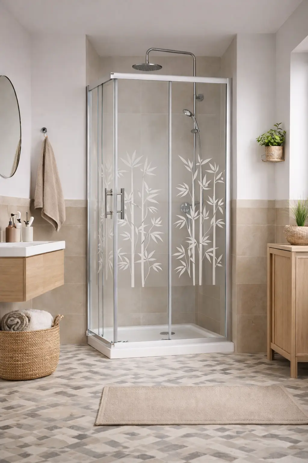 Box Doccia in vetro 80x80, 2 Ante Scorrevoli con vetro decorato satinato e profili in alluminio, installato in bagno moderno con finiture beige e arredo in legno.