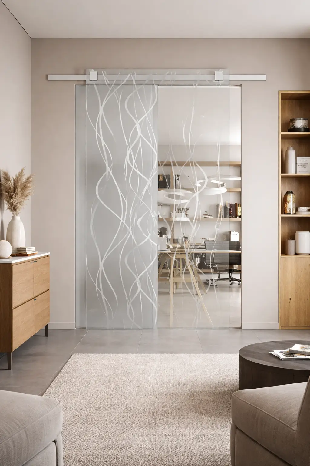 Decorazioni porte in vetro con motivo satinato ondulato su porta scorrevole in vetro per interni in ambiente moderno.