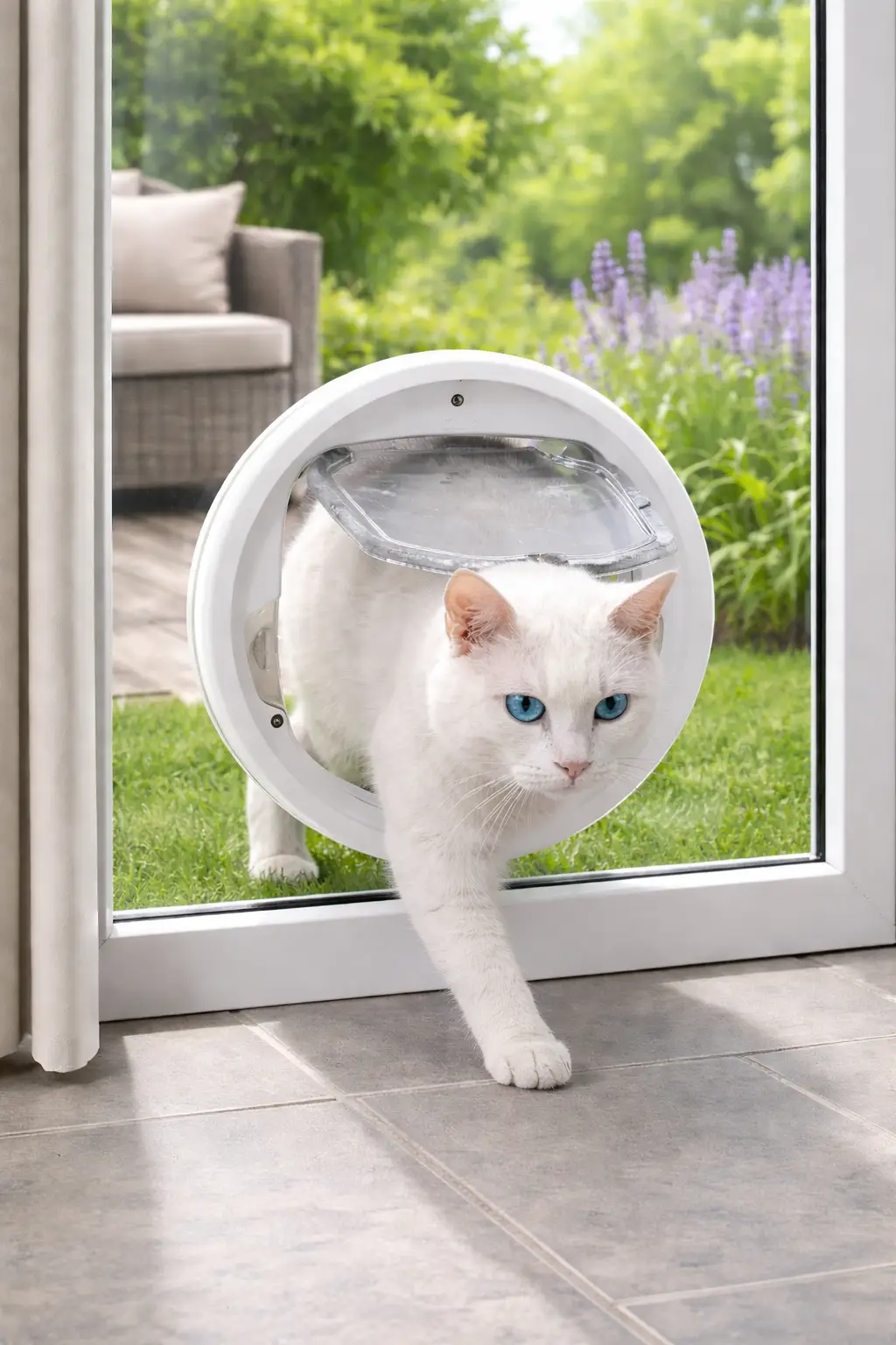Gattaiola per vetro installata su porta finestra in doppio vetro con gatto bianco che entra in casa attraverso lo sportello trasparente.