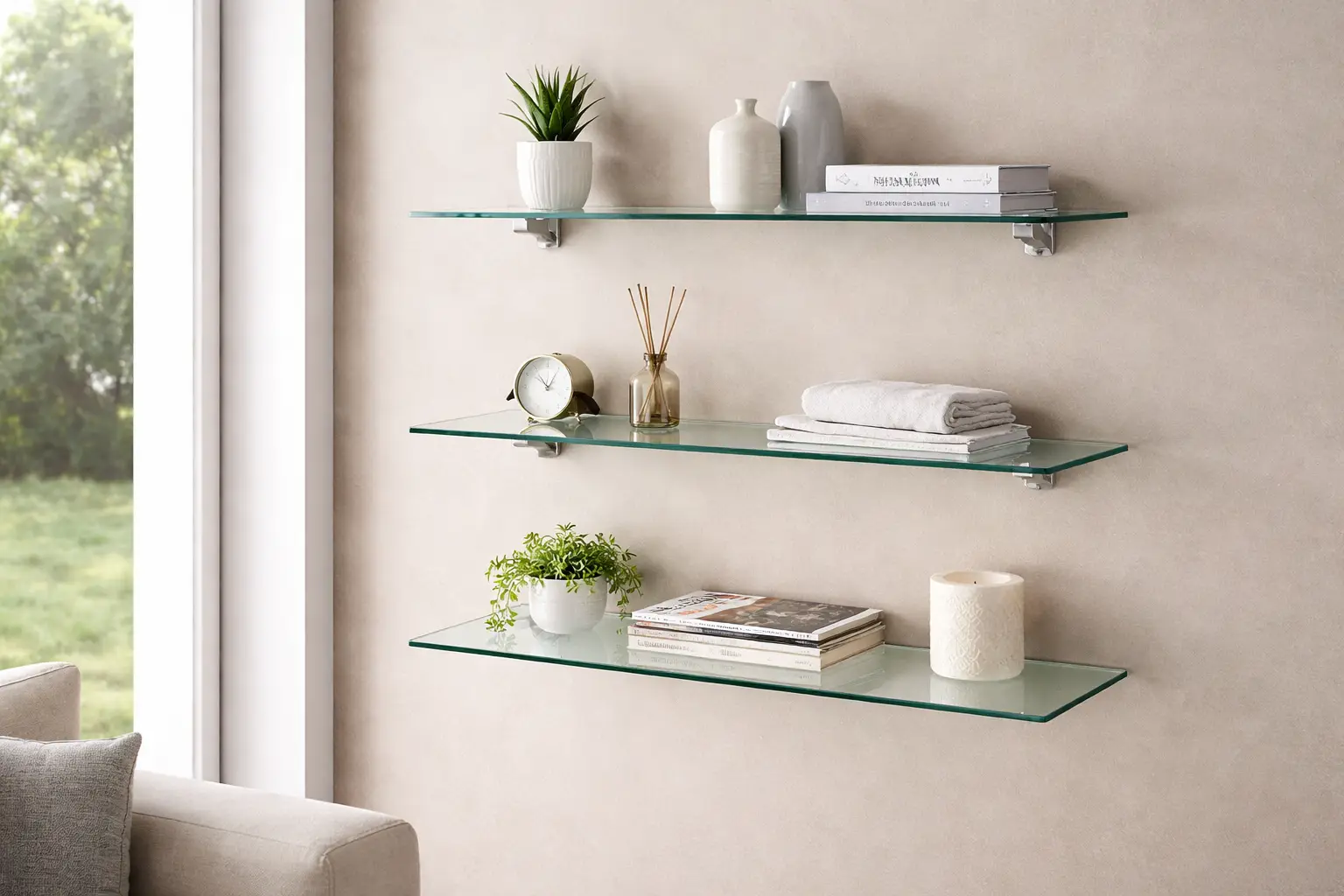 Mensola in vetro temperato da parete in soggiorno moderno, installazione frontale con oggetti decorativi, libri e piante su sfondo beige.