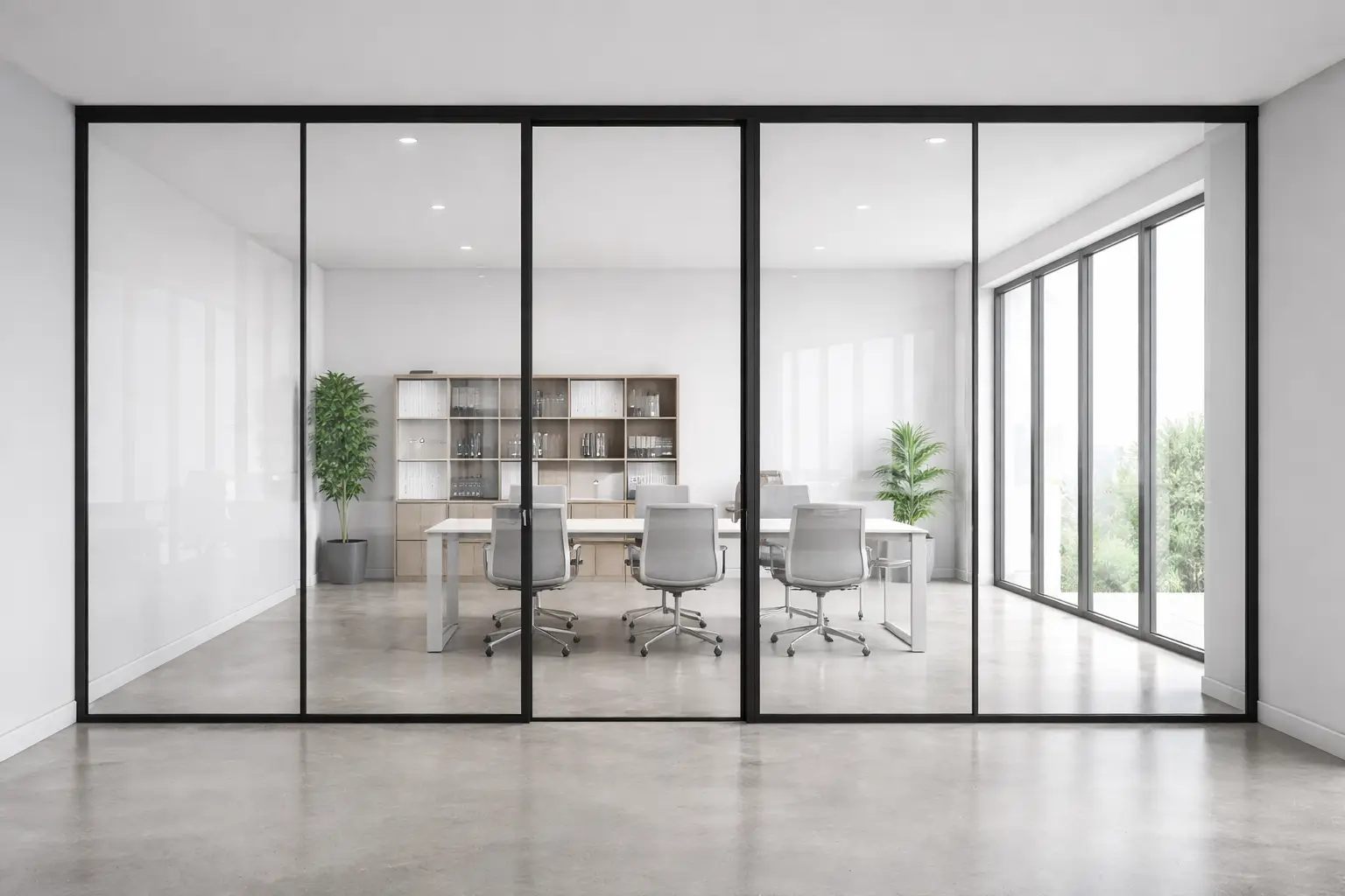 Pareti divisorie in vetro moderne per ufficio con profili neri minimal e sala riunioni luminosa vista frontale