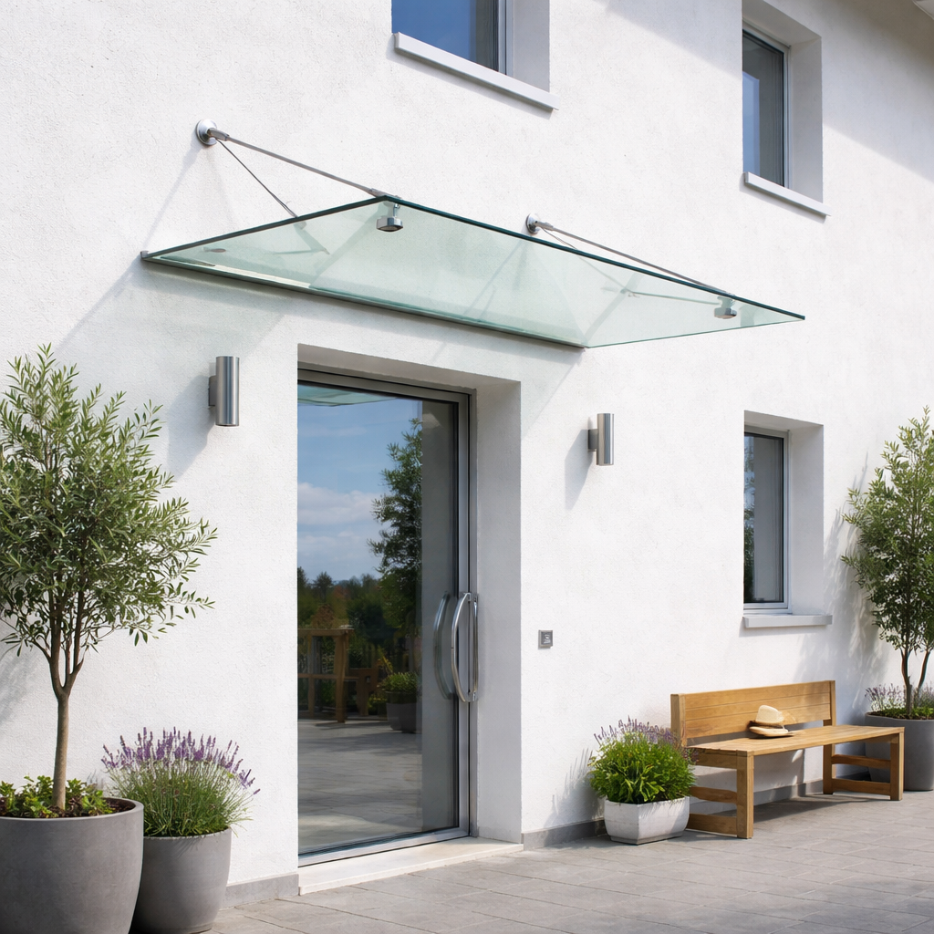 Pensilina in vetro frontale con tiranti in acciaio inox sopra ingresso moderno, installata su facciata bianca con porta in vetro e dettagli minimal.