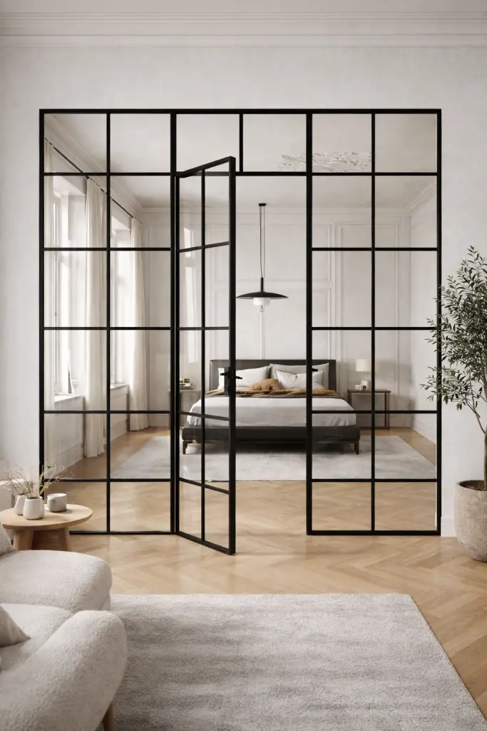 Porta a vetri moderna con telaio nero e struttura a riquadri, ideale per separare ambienti interni con design elegante e massima luminosità.