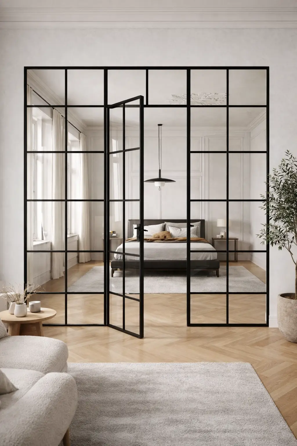 Porta a vetri moderna con telaio nero e struttura a riquadri, ideale per separare ambienti interni con design elegante e massima luminosità.