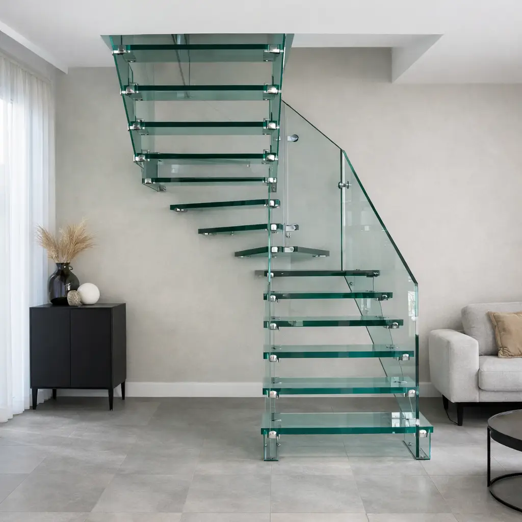 Scale in vetro moderna con gradini sospesi e parapetto trasparente in ambiente minimal dal design contemporaneo