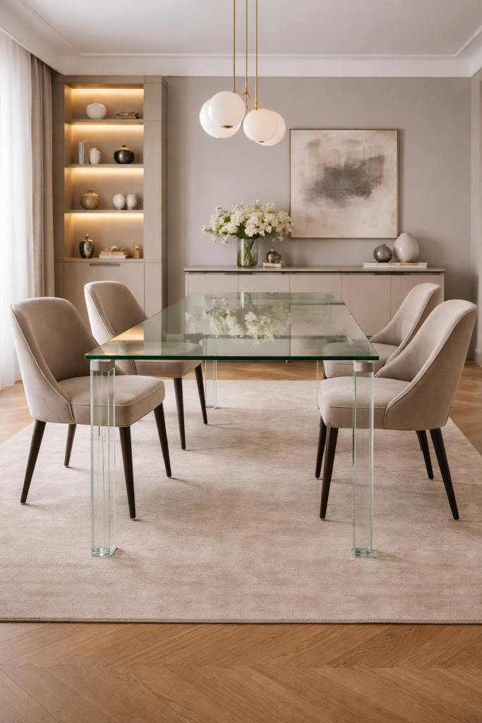 Tavolo in vetro moderno con piano trasparente e gambe in vetro, vista frontale in sala da pranzo contemporanea con sedie beige e arredo minimal.