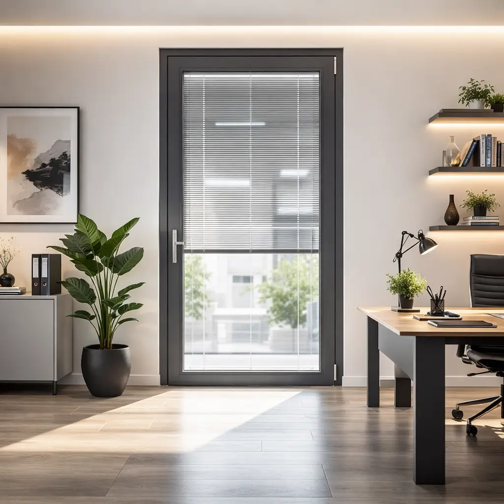 Porta finestra moderna con veneziane interne ai vetri integrate nella vetrocamera, installata in ufficio contemporaneo con scrivania, pianta decorativa e luce naturale.