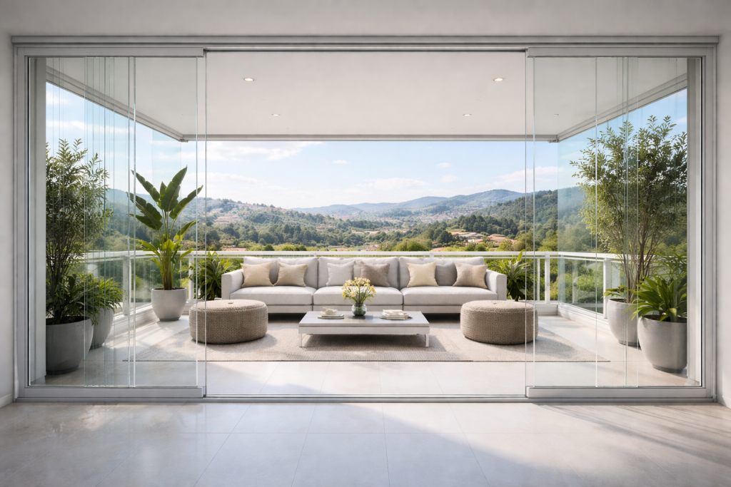 Vetrate panoramiche amovibili VEPA installate su terrazzo con vista sulle colline, sistema scorrevole senza profili verticali e balcone arredato moderno.