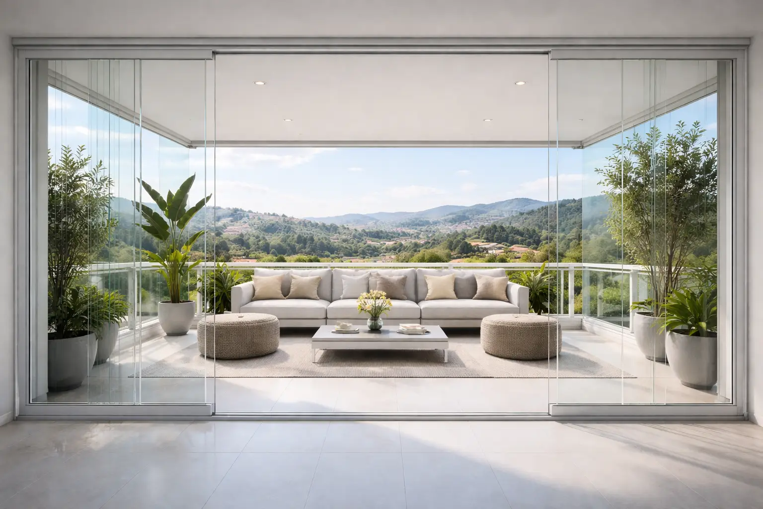 Vetrate panoramiche amovibili VEPA installate su terrazzo con vista sulle colline, sistema scorrevole senza profili verticali e balcone arredato moderno.