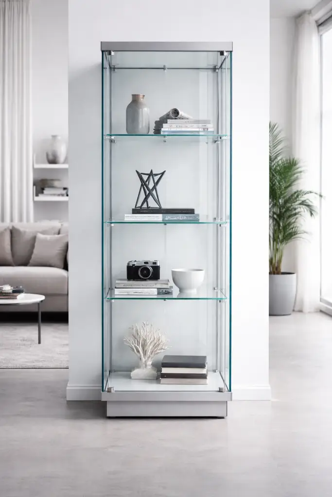 Vetrinetta in vetro trasparente con ripiani interni e struttura moderna, vista frontale in ambiente living luminoso.