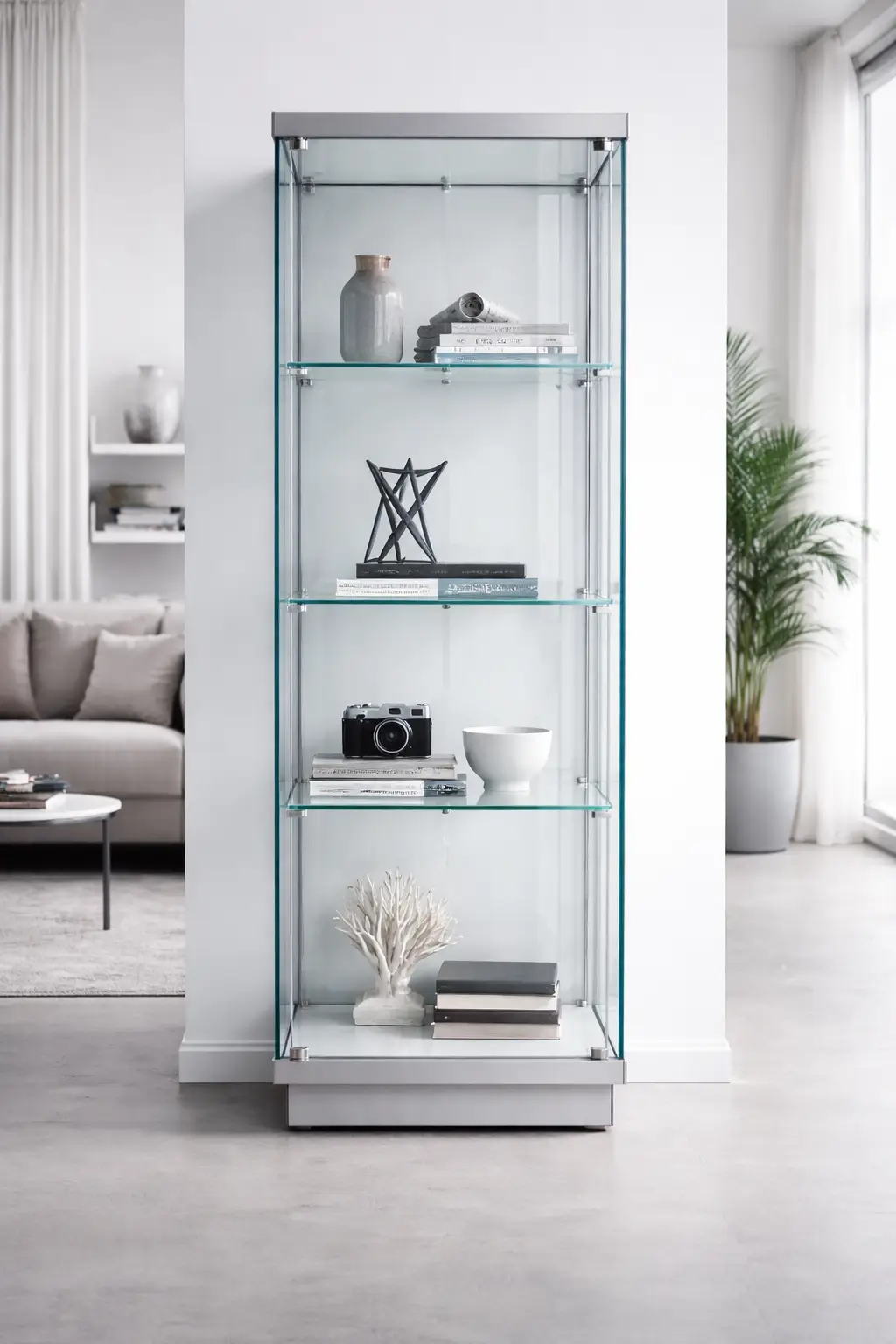 Vetrinetta in vetro trasparente con ripiani interni e struttura moderna, vista frontale in ambiente living luminoso.