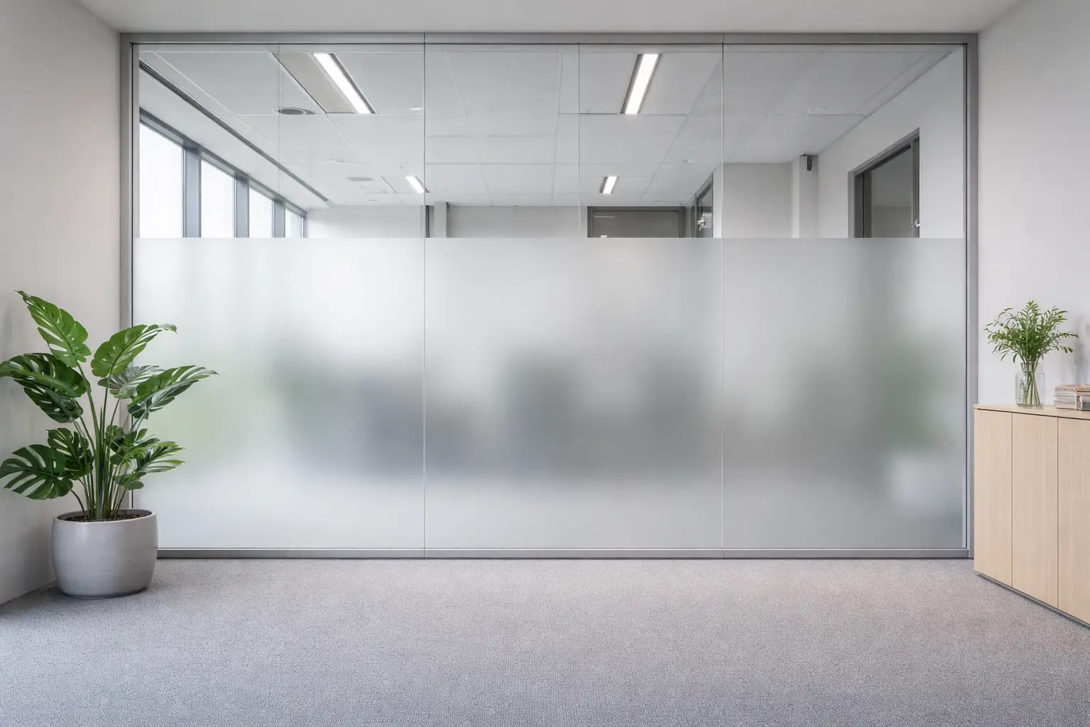 Parete divisoria in vetro satinato in ufficio moderno, con finitura opaca che garantisce privacy e diffusione uniforme della luce naturale.