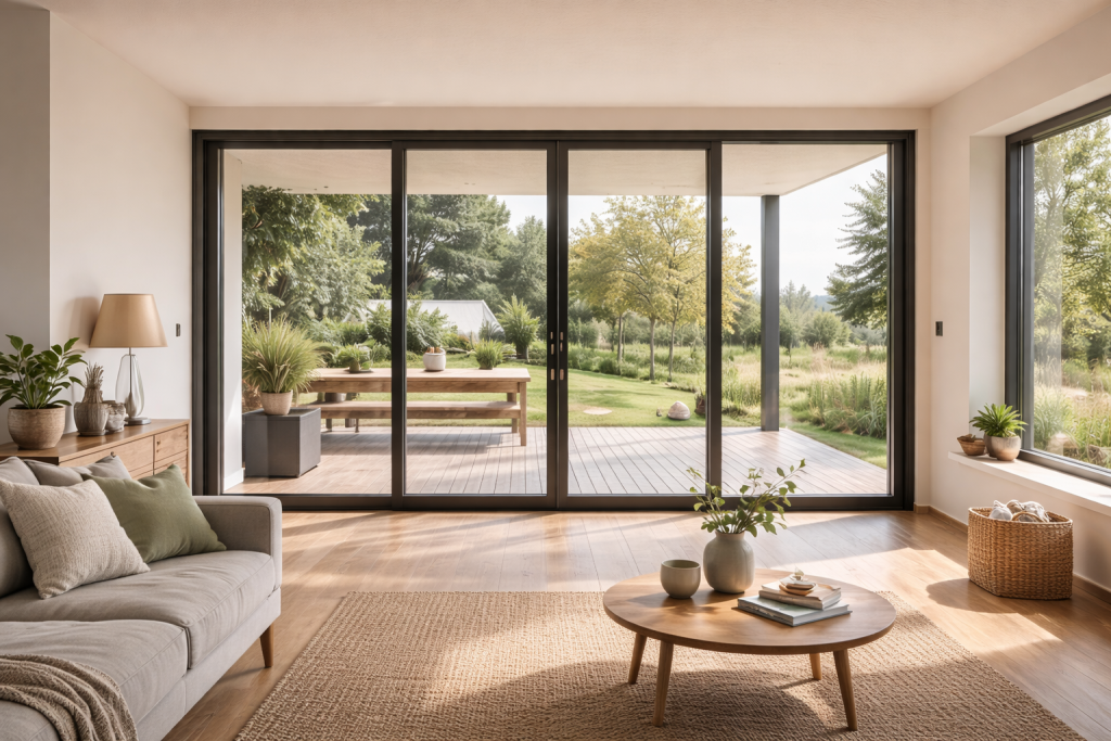 Ampia porta finestra con vetrocamera ad alta efficienza energetica in soggiorno moderno con vista giardino e grande luminosità naturale.