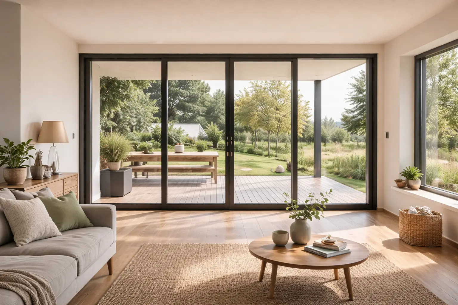 Ampia porta finestra con vetrocamera ad alta efficienza energetica in soggiorno moderno con vista giardino e grande luminosità naturale.