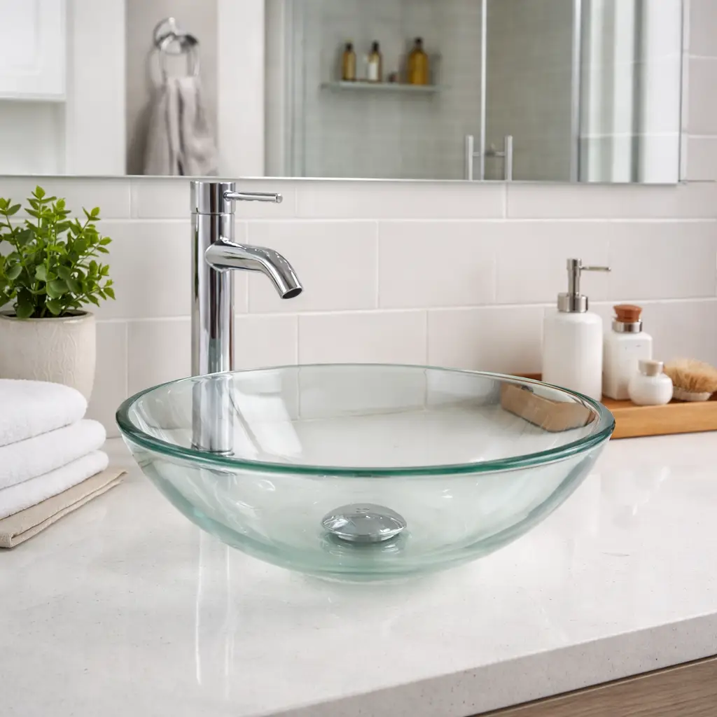 Lavandino bagno in vetro temperato trasparente da appoggio su piano bianco con rubinetto cromato in bagno moderno.