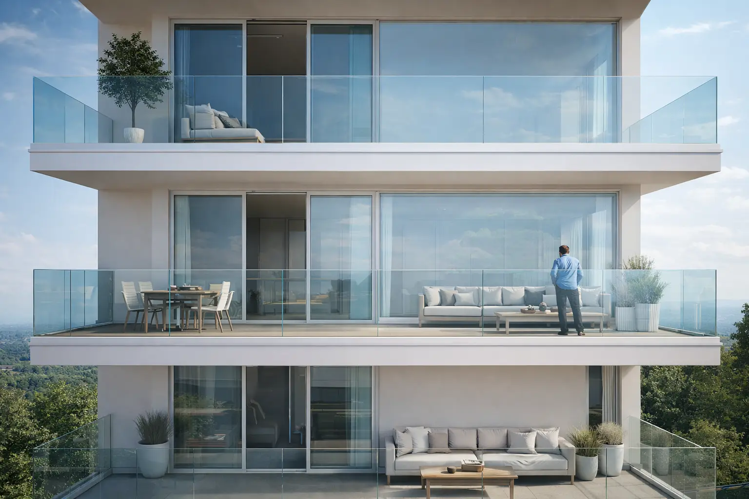 Parapetto in vetro per esterni su balconi moderni con struttura minimal e pannelli trasparenti, vista frontale di edificio contemporaneo con terrazze panoramiche.