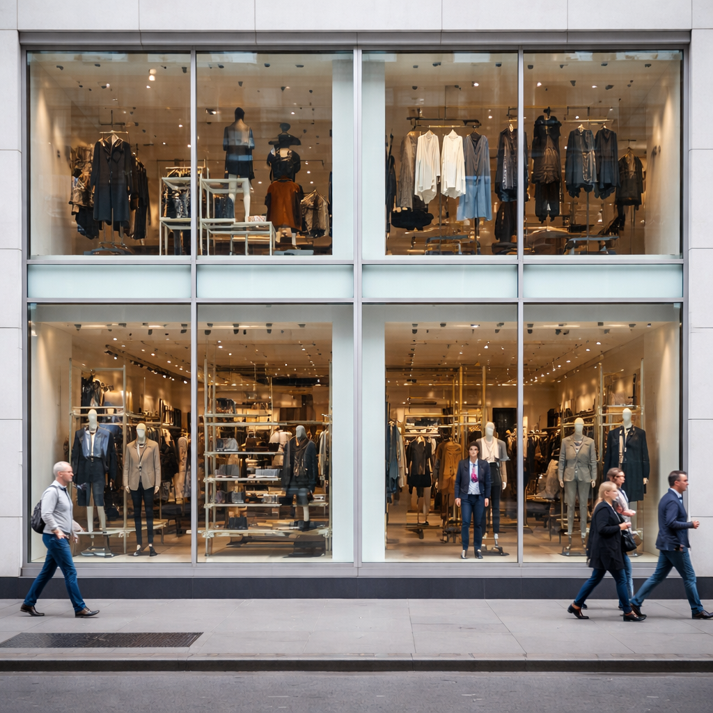 Vetrine per negozi moderne con ampie superfici in vetro su facciata commerciale, esposizione interna illuminata e struttura in alluminio frontale.